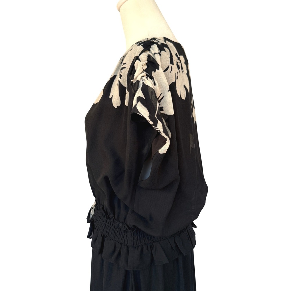 Taylor Womens Black Cream Floral V-Neck Smocked Waist Maxi Dress Cap Sleeve - Picture 9 of 9